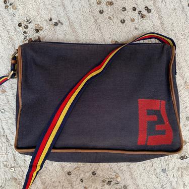 Vintage FENDI FF Monogram Zucca Large Retro Denim Leather Webbing Logo Crossbody Bag Purse Tote Messenger 