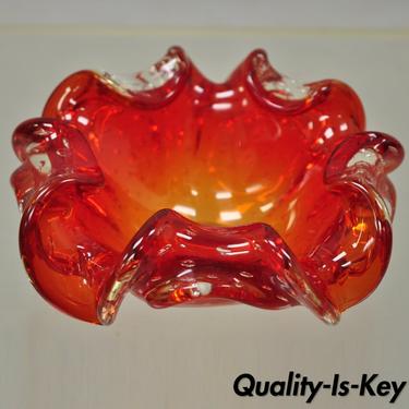 Vintage Murano Art Glass Red Orange Ruffled Edge 6" Bowl Trinket Dish