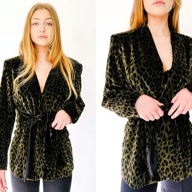 Vintage 80s BICCI Florine Wachter Dark Olive Green Velvet Leopard Print Kimono Style Jacket | Made in USA | 1980s Designer Boho Power Blazer 