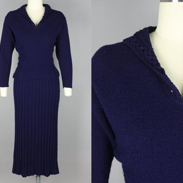 1940s Blue Knit Set · Vintage 40s French Knit Wool Skirt & Sweater · medium 