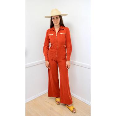 Saint Germain Jumpsuit // vintage high waist boho hippie cotton orange hippy 80s minimalist coveralls corduroy // S Small 