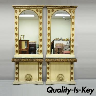 Large Pair Italian Hollywood Regency Shell &amp; Marble Console Hall Table &amp; Mirror