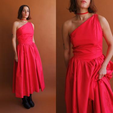 Vintage 80s Red One Shoulder Taffeta Gown/ 1980s Sleeveless V Waist Full Skirt Dress/ Size Small 25 