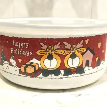 Vintage Happy Holidays Cartoon Reindeer Stacking Enamelware Christmas Bowl with Lid by LeChalet