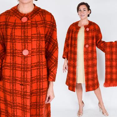 1950s Orange Plaid Wool Coat | 50s Orange Plaid Swing Coat | Large 