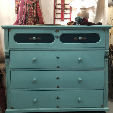 Antique Hungarian Boho Dresser/Commode, Four-Drawer, painted blue/green and IOD transfer.  Free Local Pickup/Shipping Available-Extra 