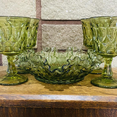 Mid Century Glasses Bowl Green Glassware Set 