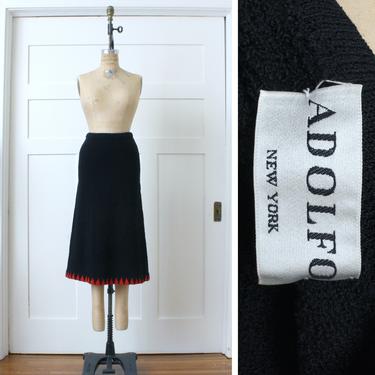 designer vintage late 1970s skirt • Adolfo textured boucle wool midi-skirt in black & red 