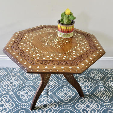 Vintage Hand Carved Teak Table - Octagon Top - Tripod Folding Base - Bohemian Decor - Boho Decor - Indian 