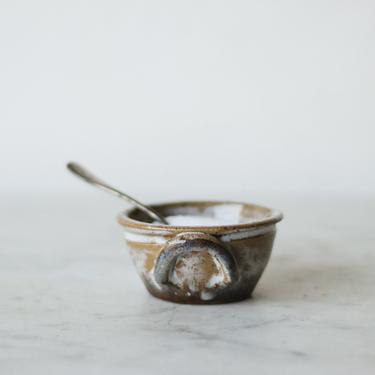 Vintage Stoneware Salt Cellar with Silver Spoon