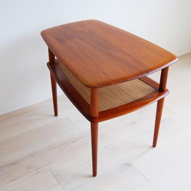 Danish Modern Peter Hvidt Solid Teak Side Table with Cane Shelf France and Daverkosen 