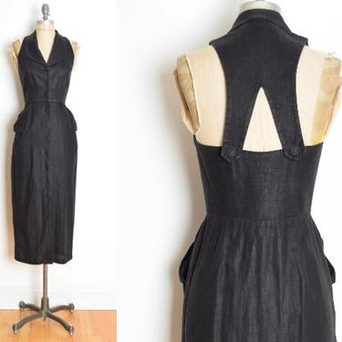 vintage 90s dress Sue Wong black linen cutout space age slim maxi long S clothing 