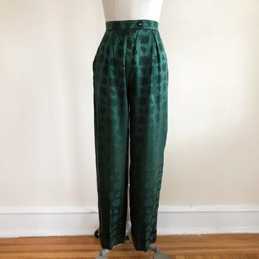 Dark Green and Black Floral Jacquard Silk Trouser Pants - 1990s 
