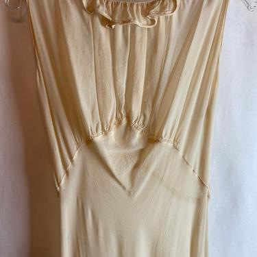 30’s sheer slip dress~ bias cut crepe rayon 1930s- 1940s bombshell gown Glamorous fluted bottom beige cream color antique wedding dress gown 