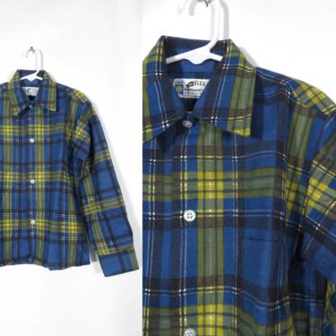 Vintage 70s Boys Deadstock Plaid Flannel Button Up Shirt Size 10 