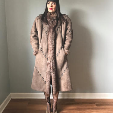 80s fur coat| genuine SHEARLING FUR | LAMBSKIN leather suede long maxi coat 