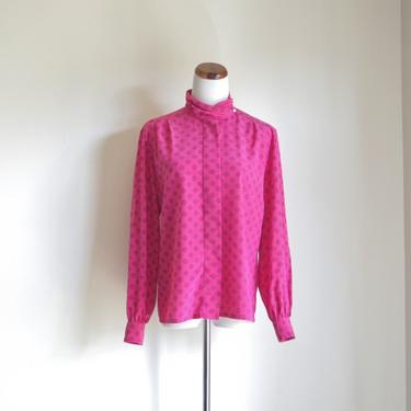 Vintage Pendleton Blouse, Pink Geometric Shirt, Turtleneck Blouse, Long Sleeve Secretary Shirt, Button Down Shirt, 80s Blouse, Large 