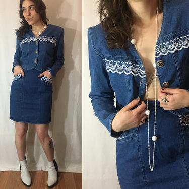 Vintage 1980s Denim Suit Set | Embroidered Jean Cropped Jacket + High Waisted Pencil Skirt, S/M, Made in USA | Disorderly Conduct 