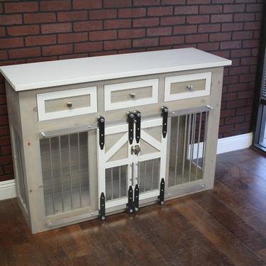 Dog Crate with Drawers - Sliding barn doors / crate with storage / Dog House / rustic furniture / farmhouse pet / dog kennel / Rustic 