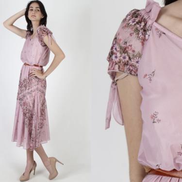 Pink Sleeve Ties Garden Floral Dress / Draped V Neck / Sheer 70s Disco Romantic Dress / Wildflower Chevron Print Sun Mini Midi Dress 