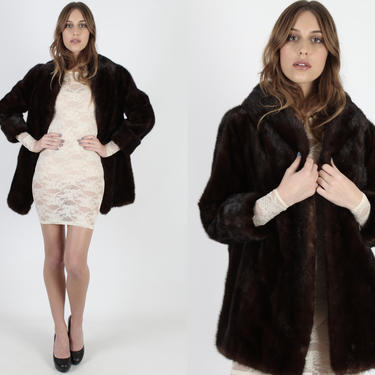 Womens Cropped Mink Fur Jacket Vintage 60s Mahogany Mink Coat Real Fur Back Collar Plush Natural Brown Opera Cuff Sleeve Jacket 