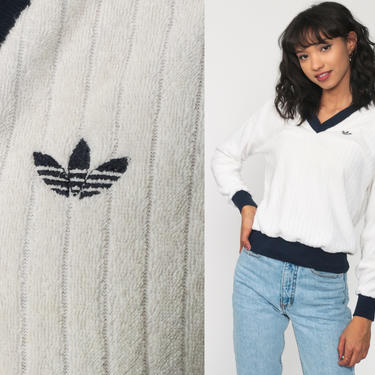 80s Adidas Sweatshirt Off-White Terry Cloth Shirt Tennis Sweatshirt Sports Shirt V Neck 70s Vintage Trefoil Pullover Jumper Retro Small by ShopExile
