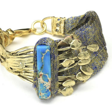 Artisan Made Antique Gold Tone &amp; Gold Blue Mesh Mixed Metal Turquoise Bracelet 