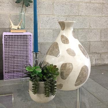 Vintage Vase Retro 1970s Large Size Plaster and Tile + Tan + Gray + Creme + Mosaic + Stoneware + Container + Home Styling + Flower Decor 