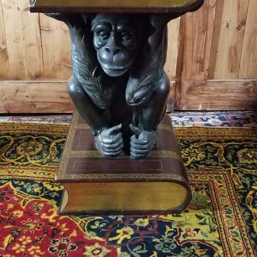Vintage 27" Whimsical Brass Monkey Holding Faux Leather Bound Book on His Head Side Table