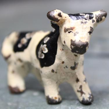 Antique Cast Iron Miniature Cow Figurine - Farm Animal Toy - Rustic Bovine 