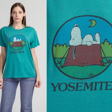 70s Yosemite National Park Snoopy T Shirt - Large | Vintage Unisex Teal Peanuts Graphic Tourist Te 