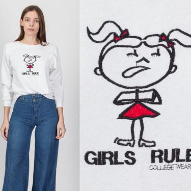 90s Y2K &quot;Girls Rule&quot; Sweatshirt - Petite Small | Vintage White College Wear Embroidered Graphic Pullover 