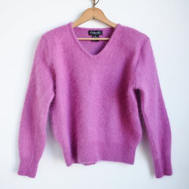 Vintage 1980s Fuzzy Fuschia Pink Angora Pullover Sweater | M 