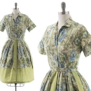 Vintage 1950s 1960s Shirt Dress | 50s 60s Floral Printed Cotton Green Strappy Tabs Full Skirt Fit and Flare Shirtwaist Day Dress (small) 