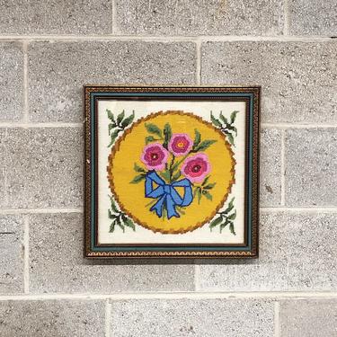 Vintage Needlepoint Art Retro 1960s Size 17x17 Homemade Yellow + Pink + Green Floral Bouquet + Carved Wood Frame + Fiber Wall Art Home Decor 