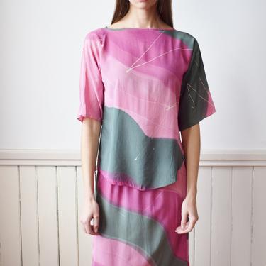 Vintage 1980s Painted Silk Set | Top and Skirt | S | 80s/90s Abstract Watercolor Design Silk Tunic Blouse and Skirt | Pink and Green 