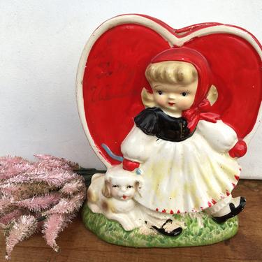 Vintage Kitsch Valentine's Vase With Girl And Dog, Made In Japan, Valentine's Girl Figurine Vase, Can Not Hold Water 