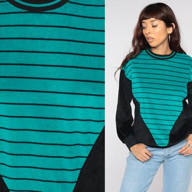 80s Velour Sweatshirt Color Block Sweatshirt Green Striped Sweatshirt Black Shirt Retro Top 1980s Pullover Slouchy Medium Large 