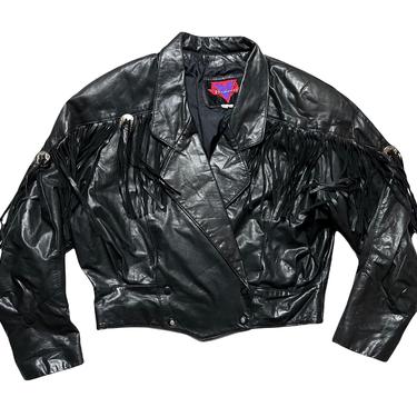 Vintage Women's VERDUCCI Black Leather Fringe Motorcycle Jacket ~ size M to L ~ Biker ~ Cropped ~ 1980s / 1990s ~ Concho 