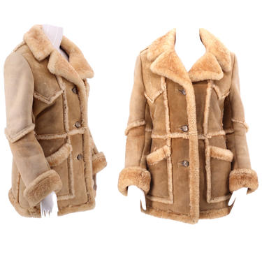 70s WILSONS beige suede &amp; shearling coat S-M / vintage 1970s shearling fir trim COAT fur jacket 10 
