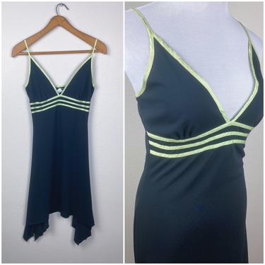 90s Y2K Vintage Taboo Black &amp; Lime Green Y2K Strappy Slip Dress • Medium 