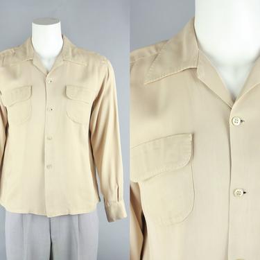 1940s GABARDINE Shirt | Vintage 40s Men's Tan Top Loop Shirt with U-shaped Pockets | Large 