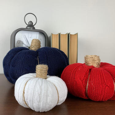 Handmade sweater pumpkins, set of 3, S-M-L, red, white &amp; blue, patriotic pumpkins 