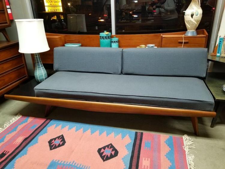 Mid-Century Modern walnut daybed with attached side table