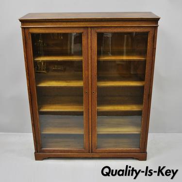 Antique Golden Oak Wood Glass Two Door Small Mission Bookcase Curio Cabinet
