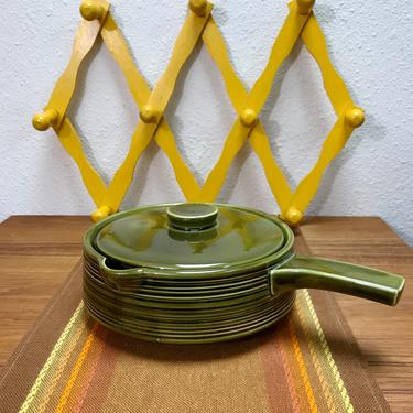 Vintage ceramic serving dish / mid-century Nasco Montmartre oven-to-table lidded casserole pan / avocado green 