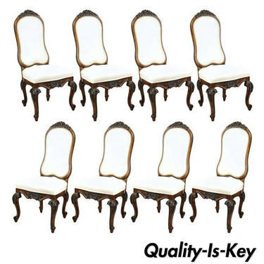 Set of 8 Italian Baroque Style Carved Walnut Upholstered Tall Back Dining Chairs
