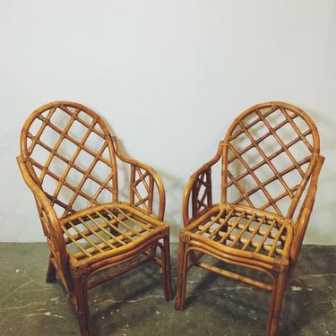 Pair Vintage Lattice Back Rattan Chairs
