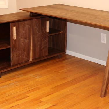 Walnut Mid-Century Wooden Desk with Cabinet, Home Office Desk, Modern Office Desk, Solid Wood Desk, Work From Home Desk 