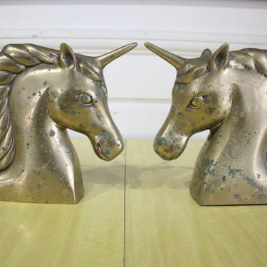Vintage Brass Unicorn Bookends, Pair 